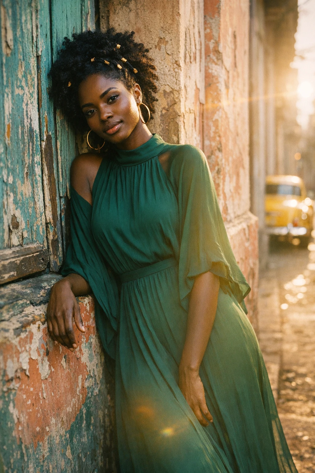 Afro-Caribbean woman in emerald maxi dre