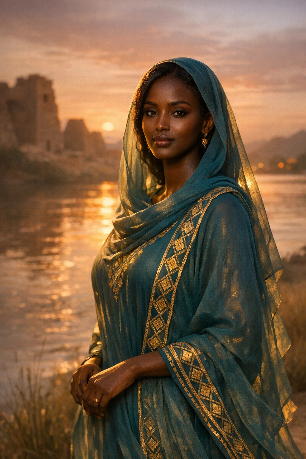 Sudanese woman in teal thoub by the Nile